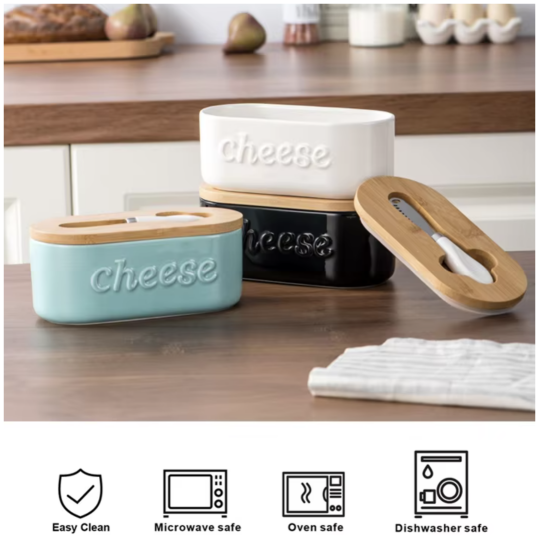 Ceramic - Container - Cheese Dish with Bamboo Lid & Knife - Double Silicone Seal - White