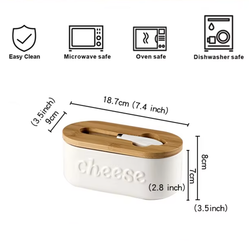 Ceramic - Container - Cheese Dish with Bamboo Lid & Knife - Double Silicone Seal - White