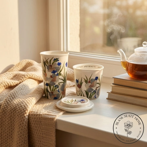 Porcelain - Coffee &amp; Tea Tumbler Set with Cookie Holder/Coaster/Lid in a Gift Set Box - Mid Summer Night