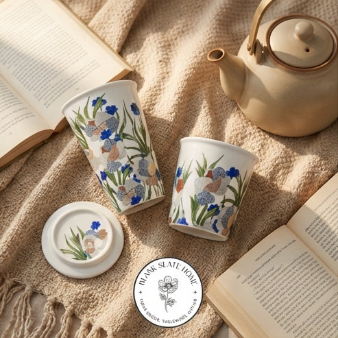 Porcelain - Coffee &amp; Tea Tumbler Set with Cookie Holder/Coaster/Lid in a Gift Set Box - Mid Summer Night