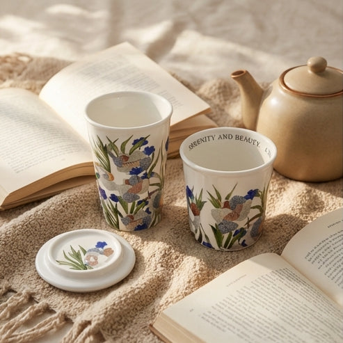 Porcelain - Coffee &amp; Tea Tumbler Set with Cookie Holder/Coaster/Lid in a Gift Set Box - Mid Summer Night