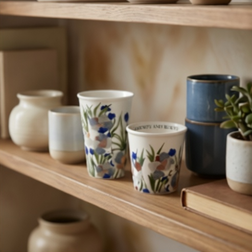 Porcelain - Coffee &amp; Tea Tumbler Set with Cookie Holder/Coaster/Lid in a Gift Set Box - Mid Summer Night