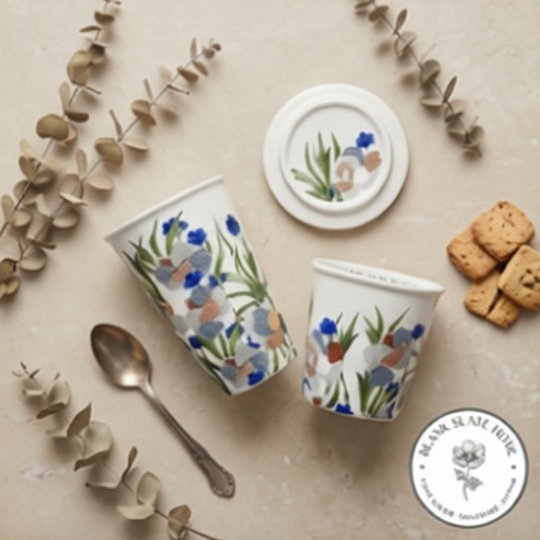 Porcelain - Coffee &amp; Tea Tumbler Set with Cookie Holder/Coaster/Lid in a Gift Set Box - Mid Summer Night