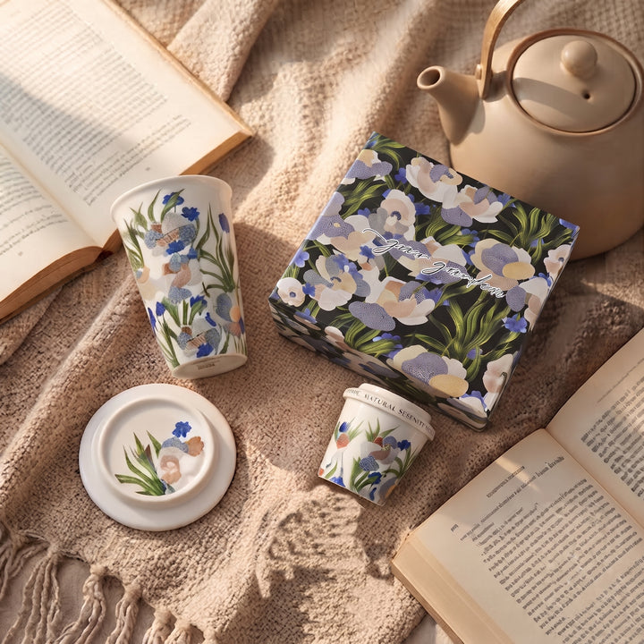 Porcelain - Coffee &amp; Tea Tumbler Set with Cookie Holder/Coaster/Lid in a Gift Set Box - Mid Summer Night