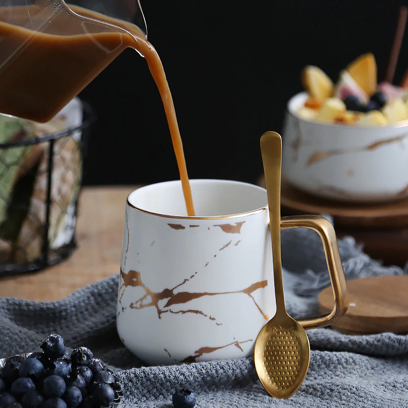Ceramic White Matte Marble Platter with Gold Inlay + 2 Matching Coffee Mug with Wooden Lid