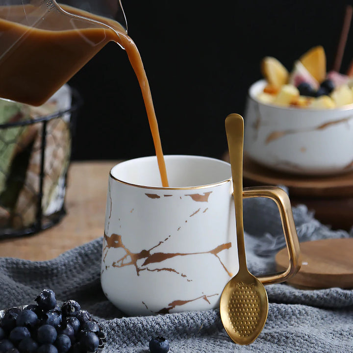 Ceramic White Matte Marble Platter with Gold Inlay + 2 Matching Coffee Mug with Wooden Lid