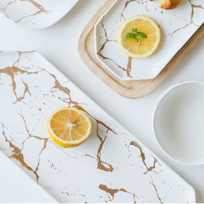 Ceramic White Matte Marble Platter with Gold Inlay + 2 Matching Coffee Mug with Wooden Lid