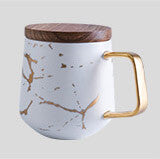 Ceramic White Matte Marble Platter with Gold Inlay + 2 Matching Coffee Mug with Wooden Lid