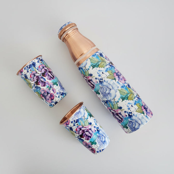 COPPER BOTTLE SET WITH 2 GLASSES, IRIS BLOOM