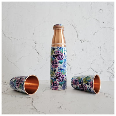 COPPER BOTTLE SET WITH 2 GLASSES, IRIS BLOOM