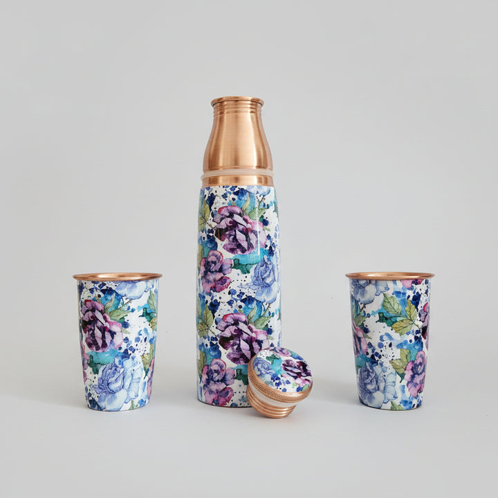 COPPER BOTTLE SET WITH 2 GLASSES, IRIS BLOOM