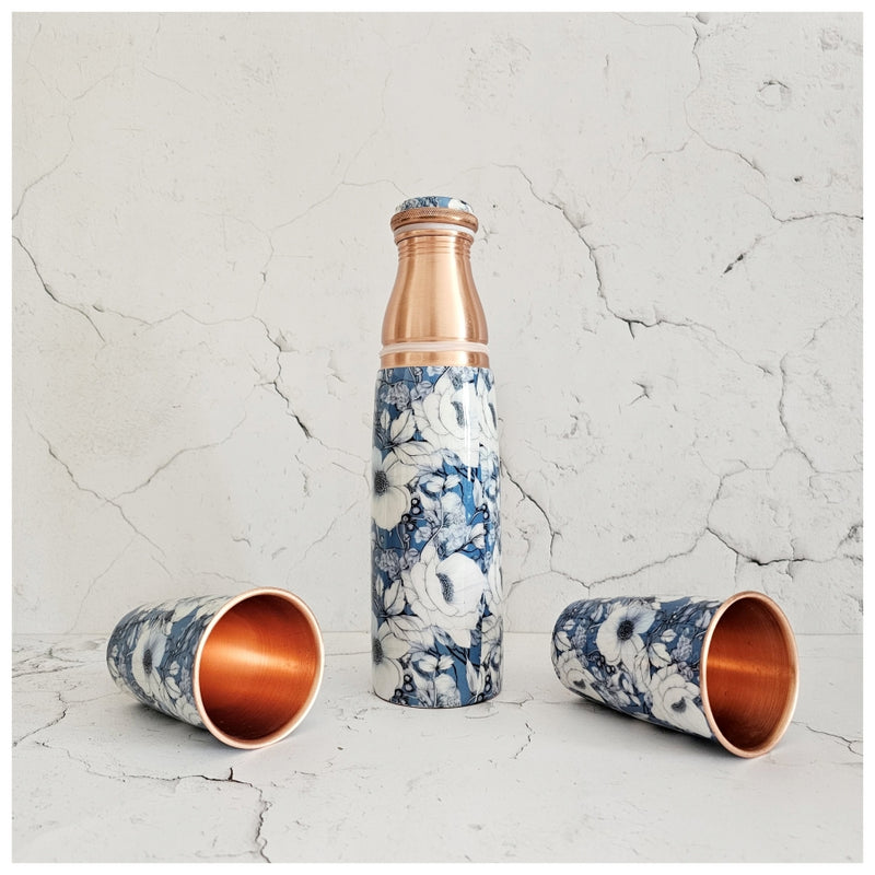 COPPER BOTTLE SET WITH 2 GLASSES, BLUE HIBISCUS