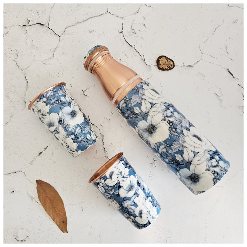 COPPER BOTTLE SET WITH 2 GLASSES, BLUE HIBISCUS
