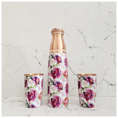 COPPER BOTTLE SET WITH 2 GLASSES, COUNTRY ROSE