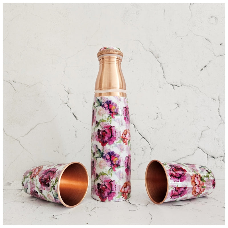 COPPER BOTTLE SET WITH 2 GLASSES, COUNTRY ROSE