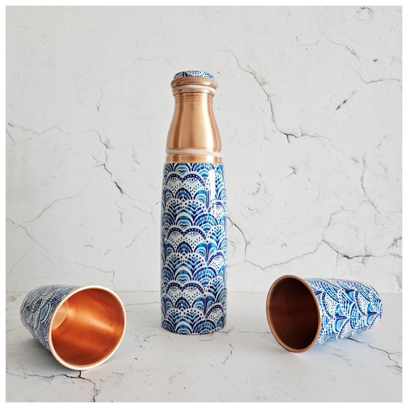 COPPER BOTTLE SET WITH 2 GLASSES, IKAT AFRICA