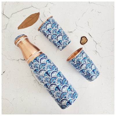 COPPER BOTTLE SET WITH 2 GLASSES, IKAT AFRICA