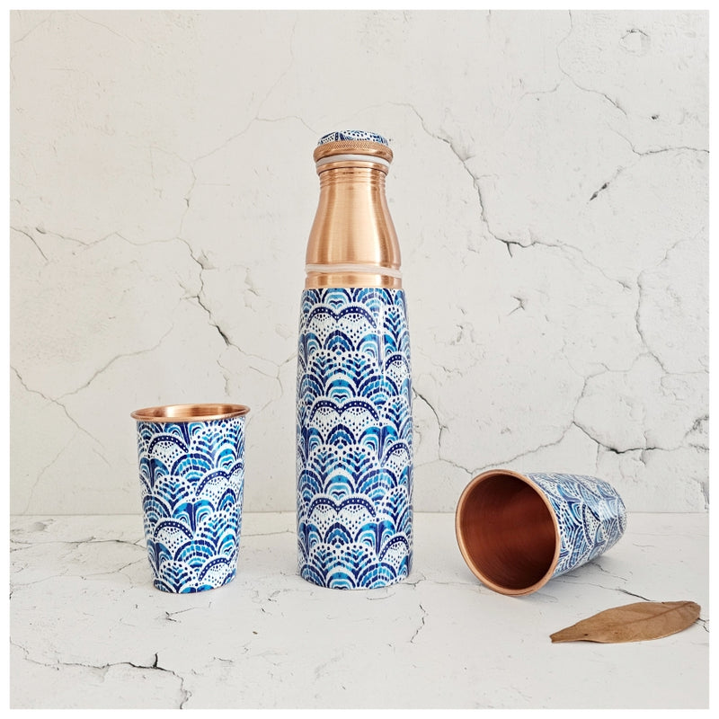 COPPER BOTTLE SET WITH 2 GLASSES, IKAT AFRICA