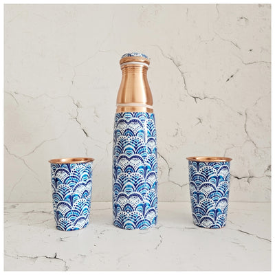 COPPER BOTTLE SET WITH 2 GLASSES, IKAT AFRICA