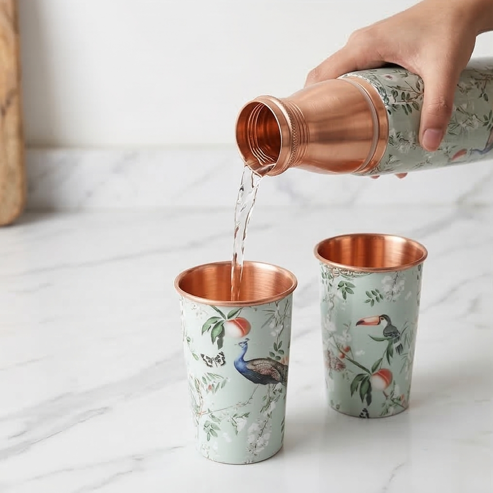 COPPER BOTTLE SET WITH 2 GLASSES, MAYURA