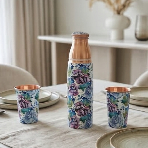 COPPER BOTTLE SET WITH 2 GLASSES, IRIS BLOOM