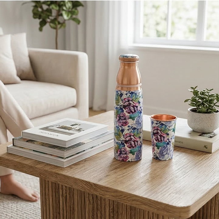 COPPER BOTTLE SET WITH 2 GLASSES, IRIS BLOOM