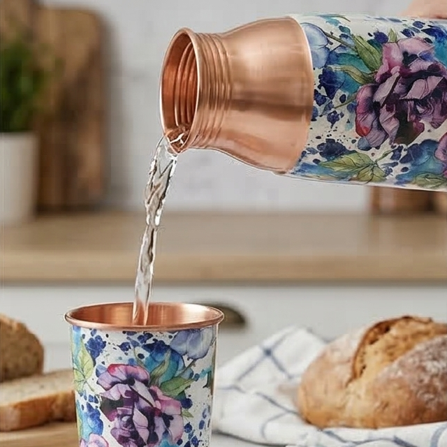 COPPER BOTTLE SET WITH 2 GLASSES, IRIS BLOOM