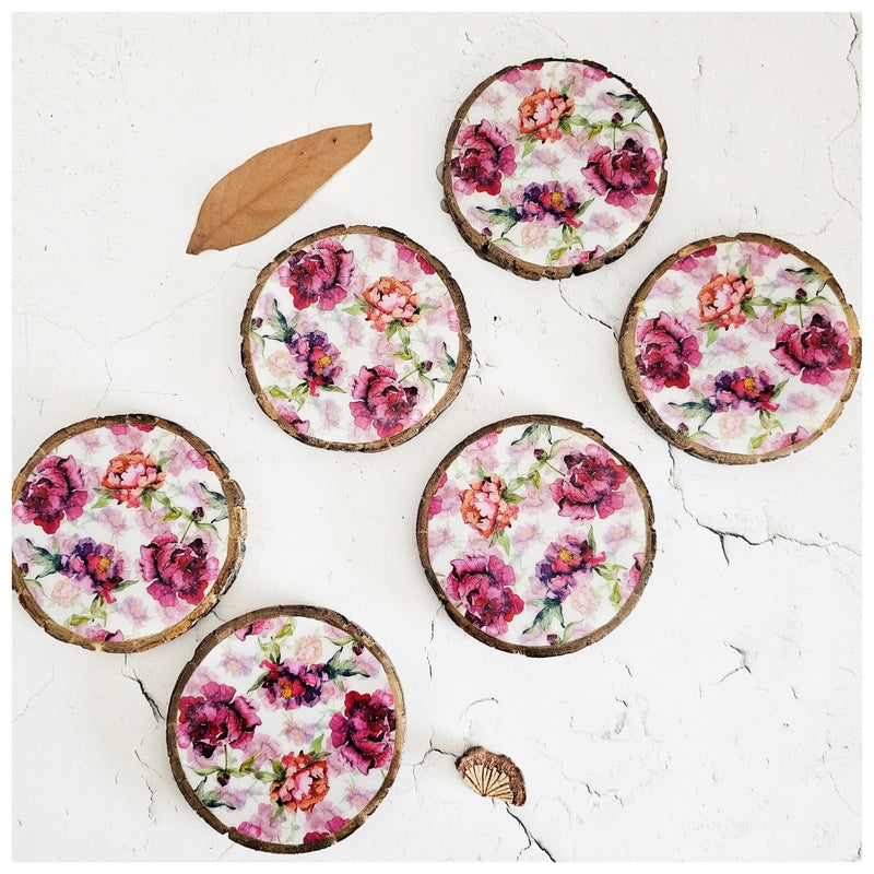 COASTERS - WOOD BARK (SET OF 6) - COUNTRY ROSE