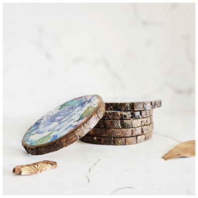 COASTERS - WOOD BARK (SET OF 6) - IRIS BLOOM