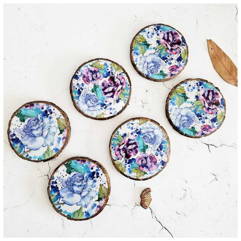 COASTERS - WOOD BARK (SET OF 6) - IRIS BLOOM