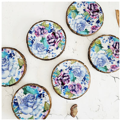 COASTERS - WOOD BARK (SET OF 6) - IRIS BLOOM