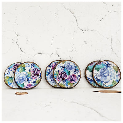 COASTERS - WOOD BARK (SET OF 6) - IRIS BLOOM