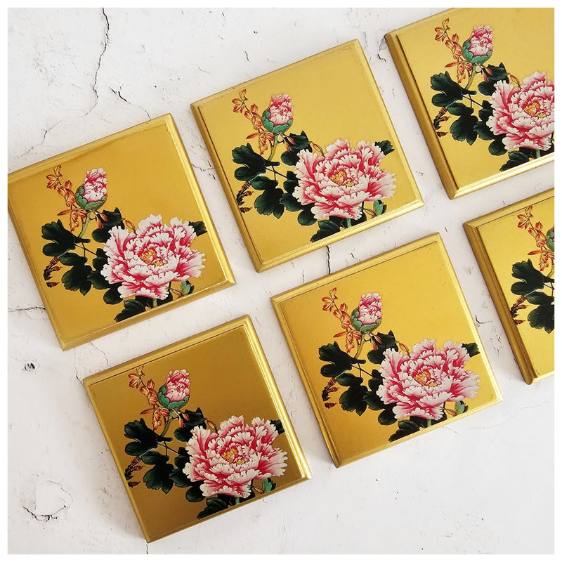 Coasters - Wooden - Square - Set Of 6 - Golden Floral