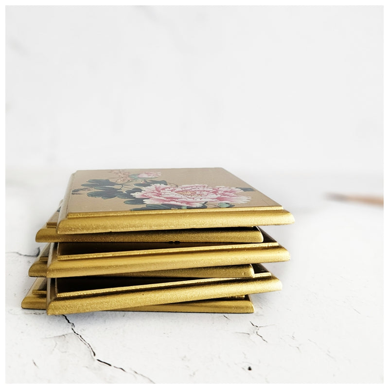 Coasters - Wooden - Square - Set Of 6 - Golden Floral