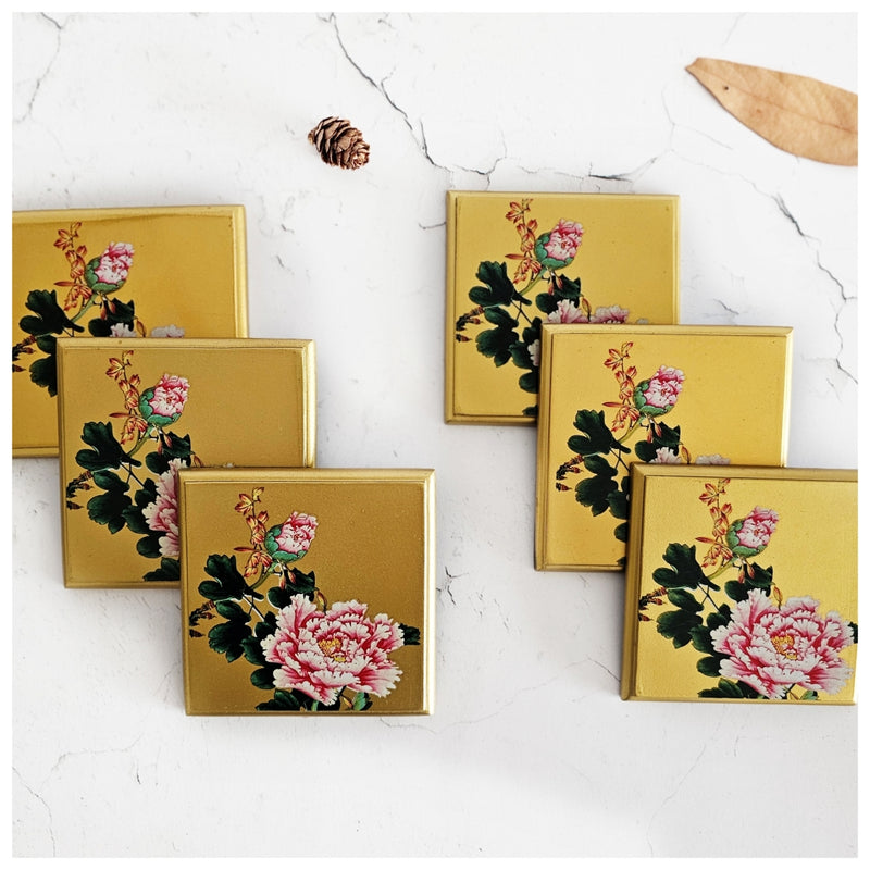 Coasters - Wooden - Square - Set Of 6 - Golden Floral