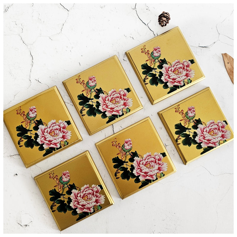 Coasters - Wooden - Square - Set Of 6 - Golden Floral