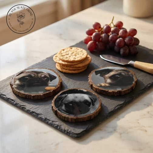 COASTERS - WOOD BARK (SET OF 4) - PUGS IN DIFFERENT MOODS