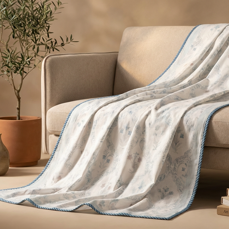 Dohar - Reversible, Cotton Handblock Printed, Single Set of 2 Light Blue &amp; White