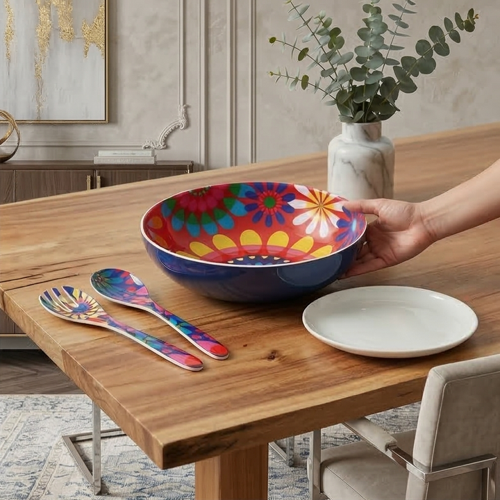 French Bull Salad Serving Bowl with 2 Servers - Festival