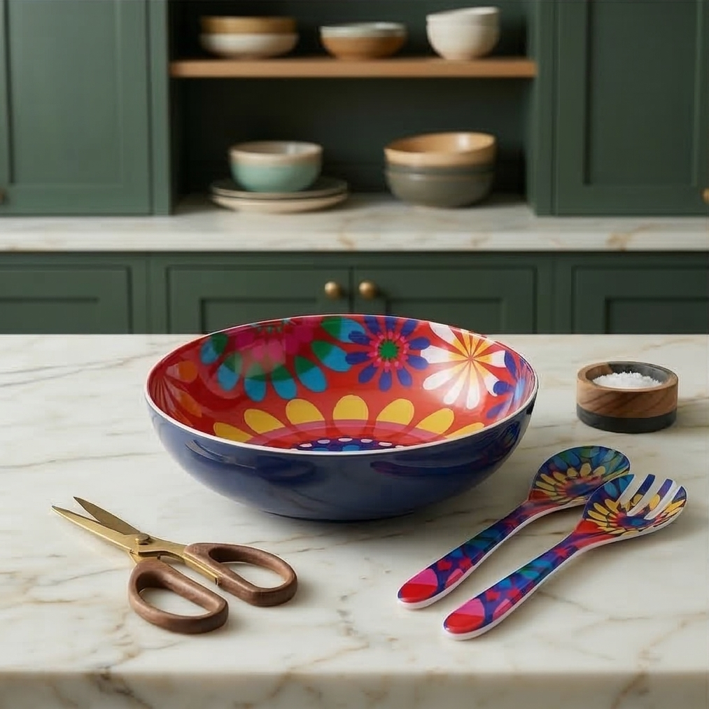 French Bull Salad Serving Bowl with 2 Servers - Festival