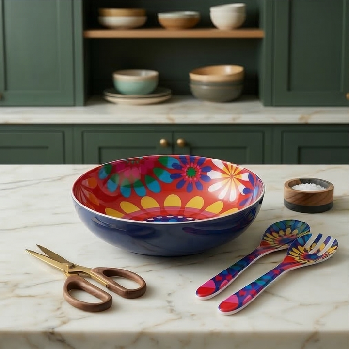 French Bull Salad Serving Bowl with 2 Servers - Festival