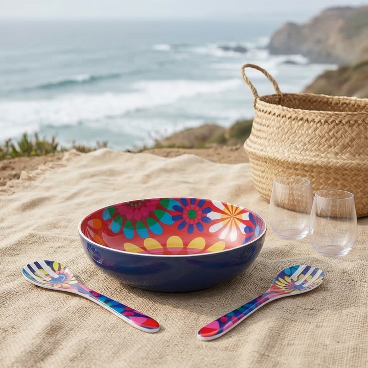 French Bull Salad Serving Bowl with 2 Servers - Festival