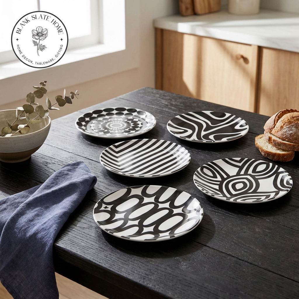 French Bull Appetizer Plate Set of 6 - Black and White Assorted