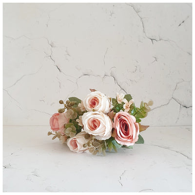 Flowers (Artificial) - Rose Bunch 3 White Pastel