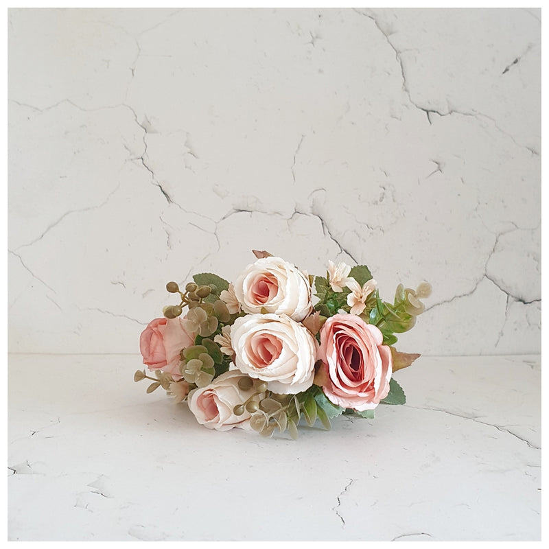 Flowers (Artificial) - Rose Bunch 3 White Pastel