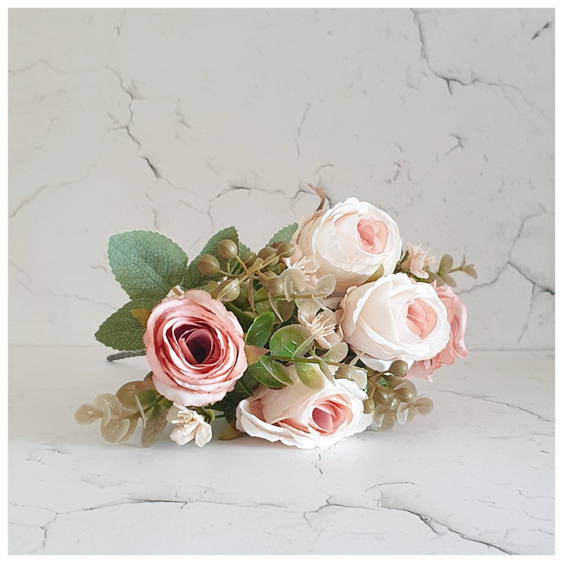Flowers (Artificial) - Rose Bunch 3 White Pastel