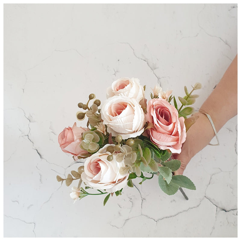 Flowers (Artificial) - Rose Bunch 3 White Pastel