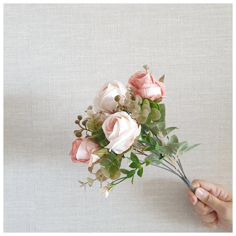 Flowers (Artificial) - Rose Bunch 3 White Pastel