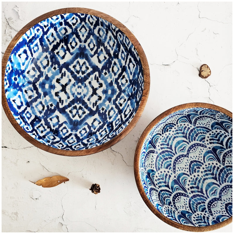 Wooden Multipurpose Bowls - Set of 2 - Ikat Shibori & Ikat African