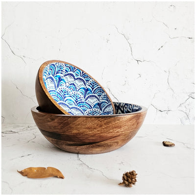 Wooden Multipurpose Bowls - Set of 2 - Ikat Shibori & Ikat African